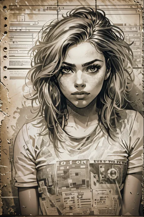 A girl in a mugshot, sketch, black and white, detailed features, vintage style, high contrast lighting, expressive eyes, tousled...