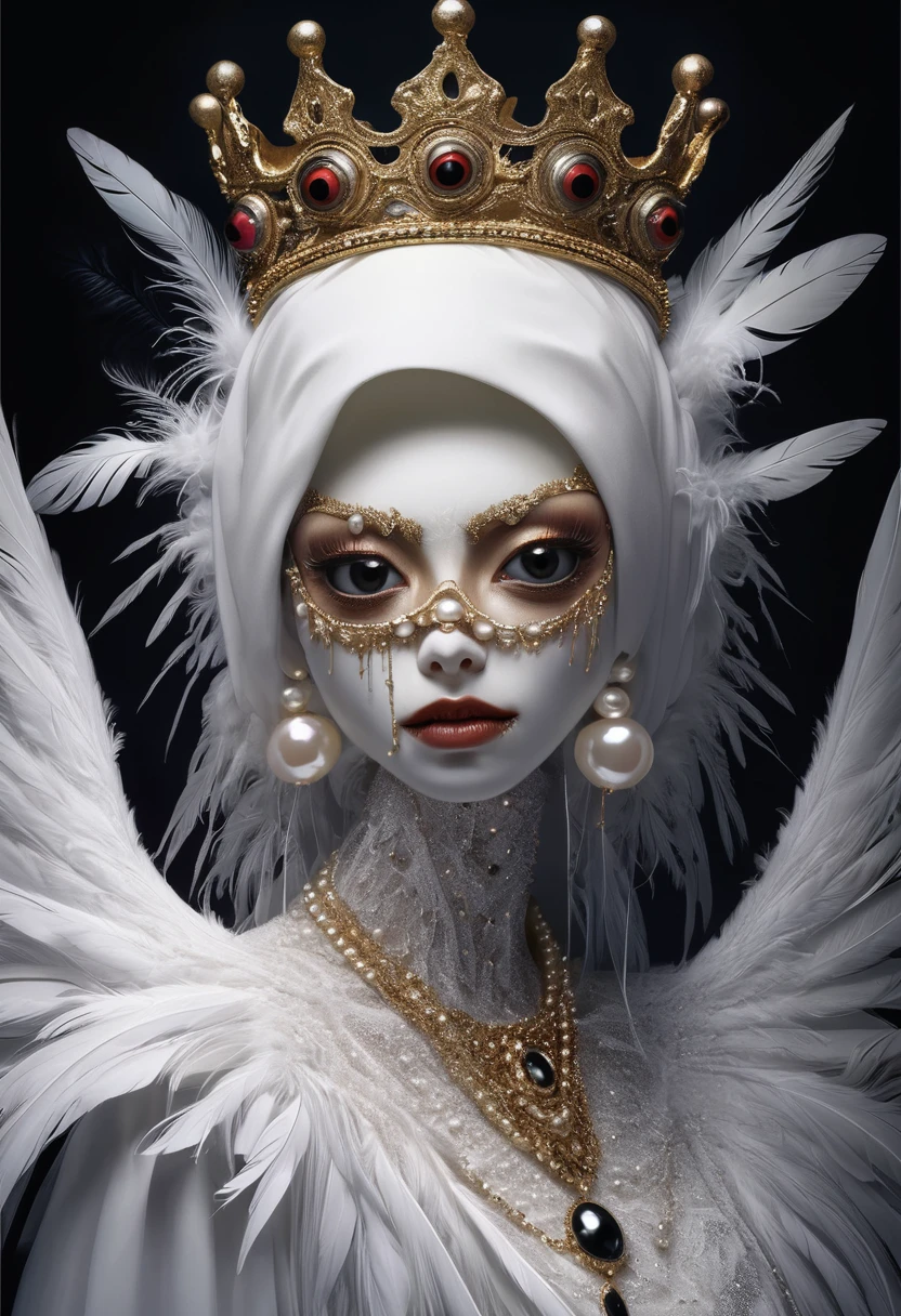 (masterpiece, best quality:1.2),Grotesque Aesthetics:1.56，Thriller， Ugly faceless person，There are many eyeballs growing on the skin of the face，teeth， Solitary，black background，crown，veil，hand，Pearl Necklace，Feather wings