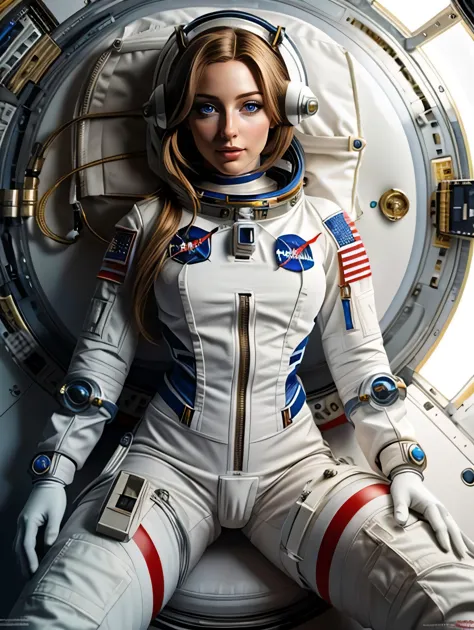 arafed woman in a space suit sitting in a space station