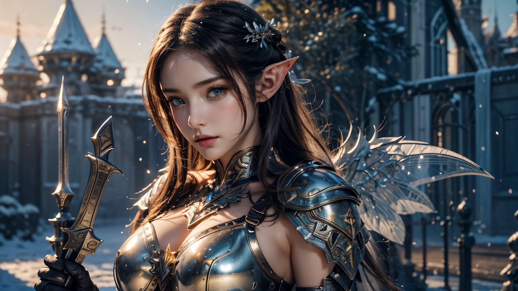 Close-up of woman holding sword and armor, Armor Girl, 2. 5D CGI anime fantasy artwork, Large Breasts，Epic fantasy digital art style, detailed Digital 2D fantasy art, Digital 2D fantasy art, original photo, (best quality:1.3), high resolution, (masterpiece), (lifelike:1.4), Professional photography, Clear focus, High Dynamic Range, 8k resolution, Intricate details, Fine details, Depth of Field, Extremely detailed CG unified 8k wallpaper, masterpiece，poster，best quality，Official Art，（Beauty and aesthetics：1.2），（masterpiece：1.3），Female Elf，individual，Light Leather Armor，complex pattern，snow，castle，Medium distance photography，（early morning），dramatic，Glowing Wings，