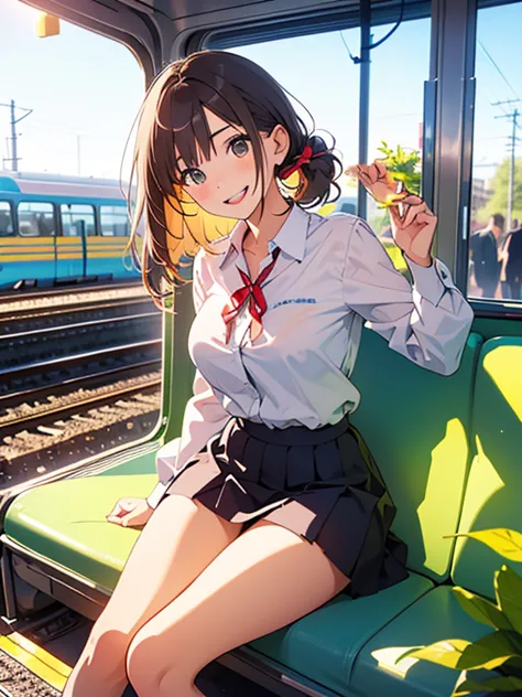 uniform、Teenage girl standing on the platform of a modern train station in Tokyo、She has long dark brown hair、She is wearing a w...