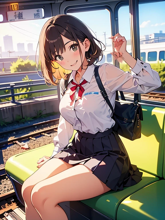 uniform、Una adolescente parada en la plataforma de una moderna estación de tren en Tokio、Tiene el pelo largo de color castaño oscuro、Lleva una camisa blanca con mangas largas arremangadas y una falda negra..。.。Una cinta roja está atada al cuello de una camisa blanca.。Ella inclinó la cabeza un poco.、Expresión sonriente y juguetona.。Al fondo se acerca un tren..、La plataforma está limpia, diseño moderno.、Puedo ver el cielo azul claro、La blanca luz del sol de las 11 de la mañana entra a raudales...。El ambiente es luminoso y animado.、La mujer está en el centro de la imagen.。Hay plantas verdes al fondo.、Añadiendo naturaleza al paisaje urbano。La camisa se ve y la ropa interior es visible.、pechos grandes、Busto de la Copa F、Su ropa interior blanca apenas se ve、cara linda、pose sexy、、Luz del sol en los muslos、美しいpieに輝く太陽、((((1 person、Dejar&#39;Acércate y toma una foto.、Vistas hermosas、Una composición profunda、Los edificios de Tokio al fondo.、Grab my leg、El foco de atención se posa en la chica&#39;pie))))