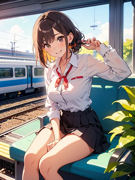 uniform、Teenage girl standing on the platform of a modern train station in Tokyo、She has long dark brown hair、She is wearing a w...