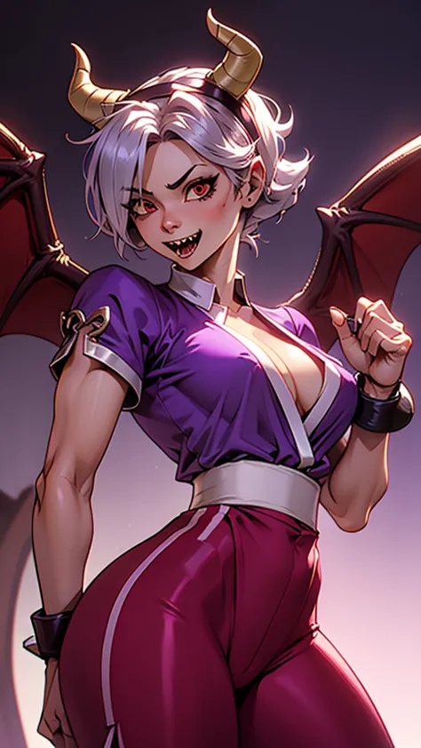 colettetrixie, red skin, sharp teeth, hair over one eye, hairband, demon horns, colored sclera, purple shirt, purple shorts, dem...