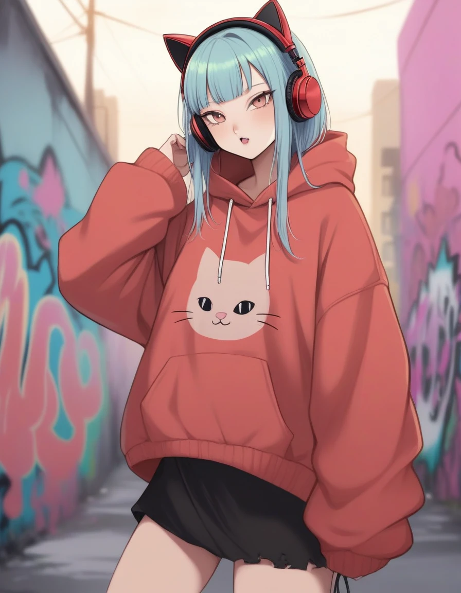 Cute cat girl hinata sexy peitos grandes roupas rasgadas ed in a red gold hoodie all red pastel Black accents, oversized headphones snugly fit around its neck, bebendo um café bem quente mid-action as it maneuvers through an urban setting, backdrop of graffiti-covered walls, contemporary streetwear fashion vibe, pastel tones, soft-focus background, bokeh lights, digital painting, ultra fine, ultra realistic