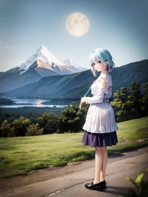 Girl,Priest,Pastel blue hair,Girl,Mountain,full moon