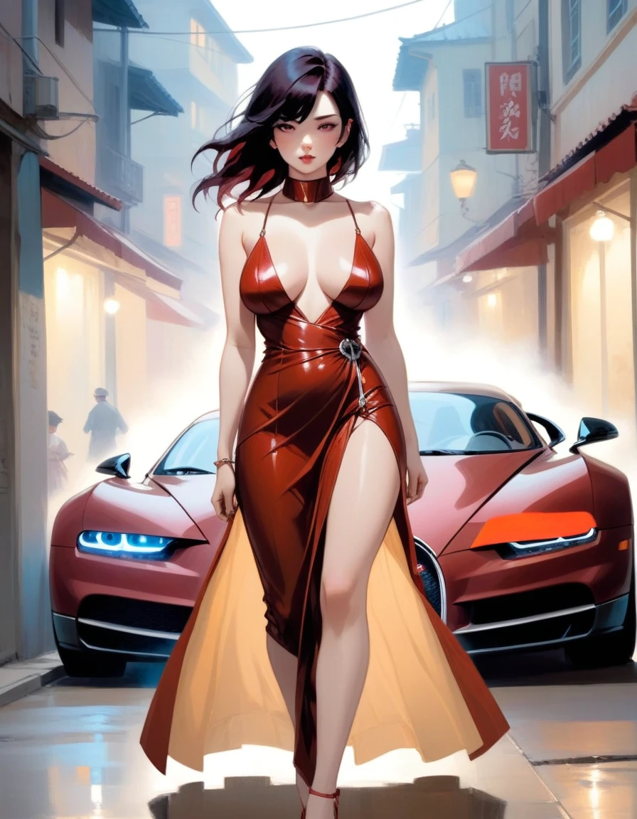 in einer beleuchteten Straße mit einem weißen und goldenen Bugatti dahinter. Illustration im Stil von Harrison Fisher, Jeremy Mann, Alexandre Cabanel, und Tomer Hanuka, einer atemberaubend schönen Dame, sexy, großer, großer V-Ausschnitt, mhia khalifa, Girl Power Phönix + Hinata, sexy Naruto, gekleidet in ein langes Kleid, an Ihren Füßen mit dem Widerspruch einer Herrensandale, Atmosphäre, die das Zarte und das Raue im Gleichgewicht hält, weiche Pastellfarben für das Kleid, rot, dunkelrot, bilden einen starken Kontrast zu ihrer robusten, Leder außen, Texturen, die Ton in Ton spielen, als ob bei