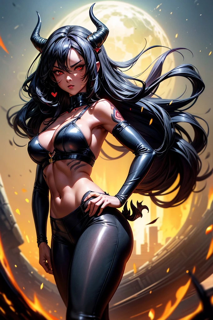 masterpiece, super detailed, high resolution, precision art, highly seductive anime girl. sexy and alluring, flawless red demonic skin, succubus, symmetrical face, beautiful obsidian black eyes, flowing black hair, her very presence oozes seduction and allure, S-shaped body, black onyx colored horns jutting out her forehead, heart shaped tail protruding from her back, sexy and arousing slender and thin yet chiseled with enticing breasts, intricate and beautiful heart shaped tattoo engraved on her stomach, wearing spaghetti strap crop-top and form-fitting leggings that accentuate her round ass, hip-level shot