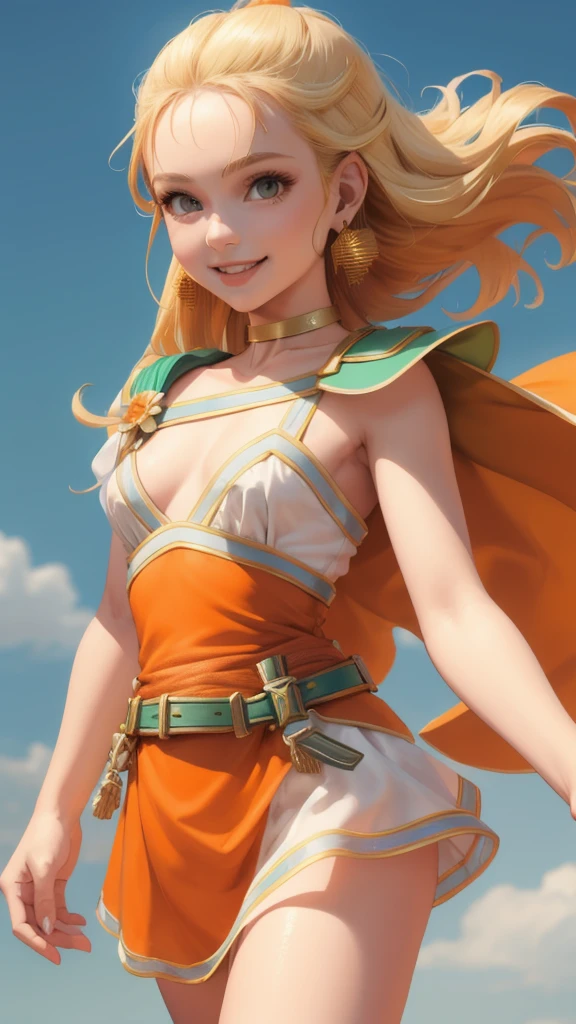 masterpiece, Highest quality, DQ Bianca, Single Blade, Earrings, choker, Blonde, Orange Cape, Green Dress, belt, Jump, Small breasts, Upper Body, Turn your body forward, smile, looking at the camera, fist