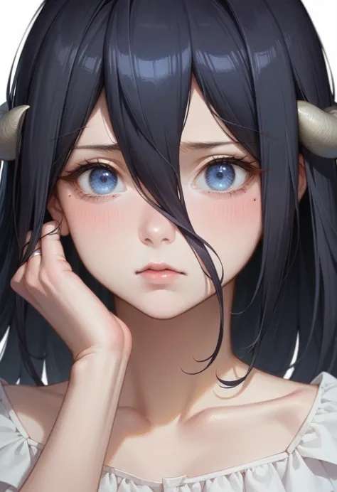 anime girl with black hair and blue eyes staring at something, the piercing stare of yuki onna, ryuko matoi, attractive matoi ry...