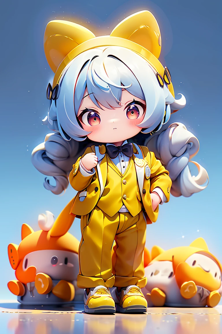 Cute Q version house people，Yellow suit，Black tie，Three View，front，Ultra HD, mascot，high quality