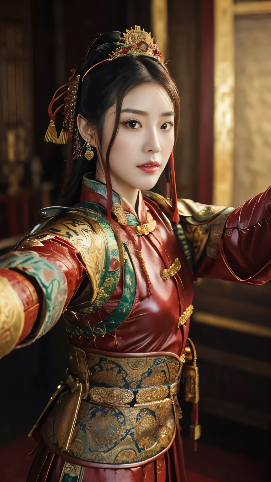 (((Selfie:1.3))), ancient Chinese girl, 2 century, looking at viewer, beautiful Chinese  Young General, 26 years old, (Highly detailed face, Ordinary eyes,  Tapered eyebrows, Black eye, Variegated eyes, Fuller lips, little Lips, Silas, Chinese line earring ),(middle breasts, middle hip), (ancient Chinese costume, Red decoration leather armor emboss armor of dragon ,  chain inner clothes, put on a red silk cloak , red leather head band ), (holding a ancient Chinese long pike), standing in Chinese Palace, near Garden, sunset ,(masterpiece, Highest quality, masterpiece, God-like quality, Godly art, , Very realistic)