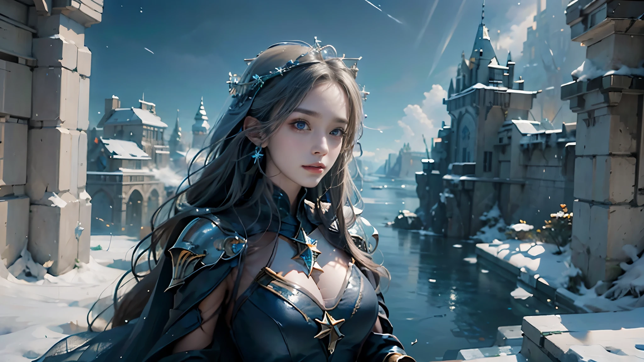 masterpiece, rest, best quality, Very detailed, Super real, 16K, high resolution, castle，snow, ((Starry Sky)),Female Mage，Gorgeous armor，Complex Mode，Large Breasts，Pretty Face，Closed mouth，dramatic，Half-length photo，Glowing scepter