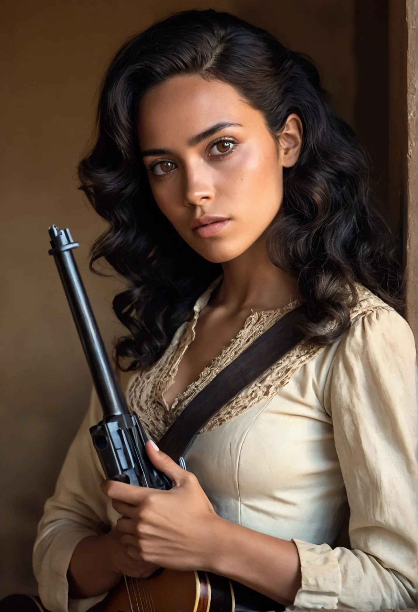 Dona africana, western film character, Sexy girl with brown eyes, ultra realist, meticulously detailed, wearing period clothes. she is holding a gun Portrait jasmin grant, brown and black hair and slanted eyes, selfie of a young woman, Olhos do quarto, no-...