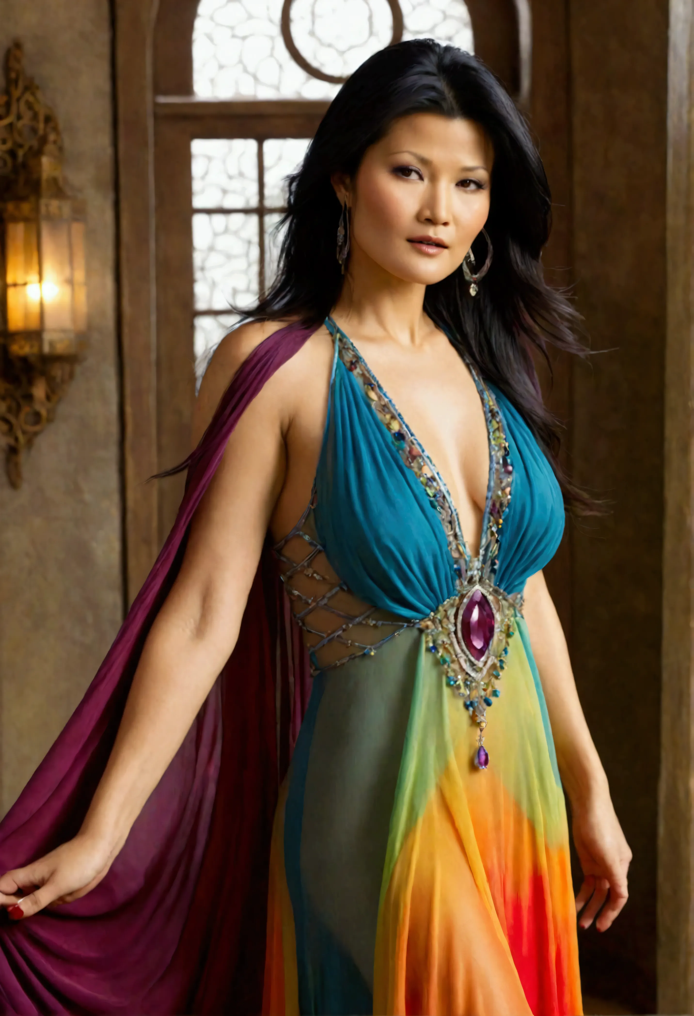 kelly hu (age 25, young and vital, sheer colorful flowing dress, body jewelry) is a fantasy princess, mystic glow, lavish bedroo...