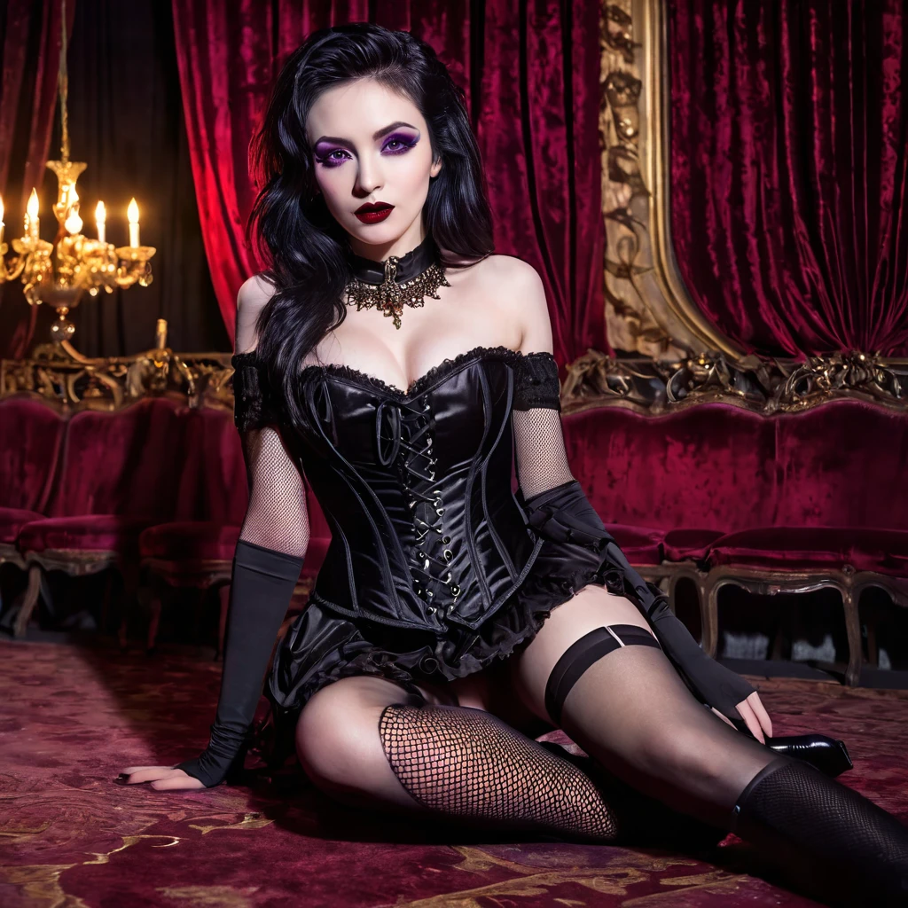 gothic enary: Abandoned theater with worn velvet chairs, torn stage curtains and a large chandelier fallen to the floor, illuminated by the light that enters through the broken windows.
gothic clothes: Dark red satin long dress, black leather corset, fishnet stockings, without panties and bra.
Pose: Sitting on stage, with one leg bent and the other extended, one hand holding the edge of the stage and the other resting on the bent leg, looking at the camera with a dramatic look, in a sensual pose that highlights every detail of the body.
Physical characteristics: 20 year, light amber eyes with dark makeup around them, shoulder length black hair with purple dyed ends, long neck, discreet smile with dark lipstick, Small face, Bust Big, V shape, slim, Average height, athletic body, pale skin, Gothic style.