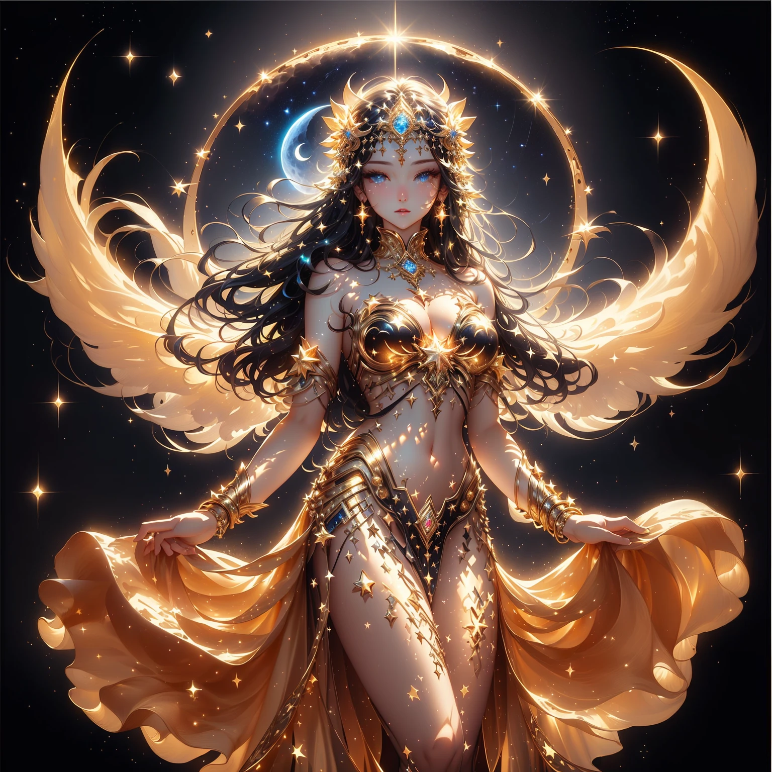 A woman in a golden dress stands in front of a starry sky., celestial goddess, beautiful heavenly mage, gorgeous goddess of leo, Argerm Julie Bell Beeple, goddess of light, moon goddess, as the goddess of the sun, Carole Bak and Peter Mohbacher, goddess. Very high detail, goddess of the sun, lunar goddess , Saw the navel. , star background , black hair , golden sparkle , blue eyes , Fine thin stockings very well It has a golden star shape.,black stockings,