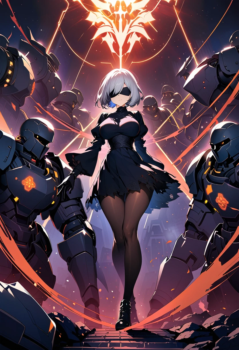 2B Nier Automata,masterpiece, 最high quality, High resolution,  Black torn clothes 、Black Pantyhose、Dark church at night、sexy、Wear a miniskirt、Thin legs、Big Breasts、Slim figure、high quality　CG Tone、Gray Hair、Black blindfold、Short Bob、Surrounded by mechanical soldiers、Fighting mechanical soldiers