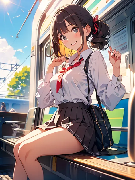 school bag、uniform、Teenage girl standing on the platform of a modern train station in Tokyo、She has long dark brown hair、She is ...