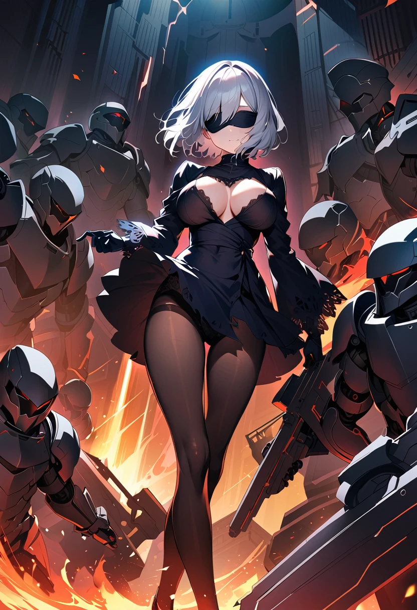 2B Nier Automata,masterpiece, 最high quality, High resolution,  Black torn clothes 、Black Pantyhose、Dark church at night、sexy、Wear a miniskirt、Thin legs、Big Breasts、Slim figure、high quality　CG Tone、Gray Hair、Black blindfold、Short Bob、Surrounded by mechanical soldiers、Fighting mechanical soldiers、stylish