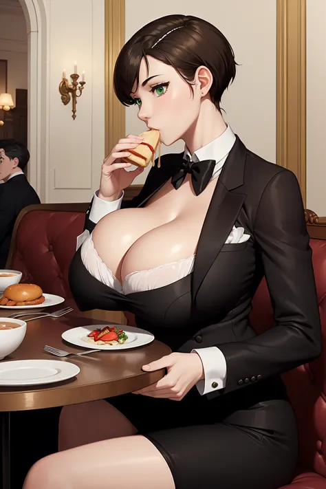 (masterpiece, best quality:1.4), illustration, 8k, hd, 1girl, solo, really_short_hair, brown_hair, butler clothes,  no underwear...