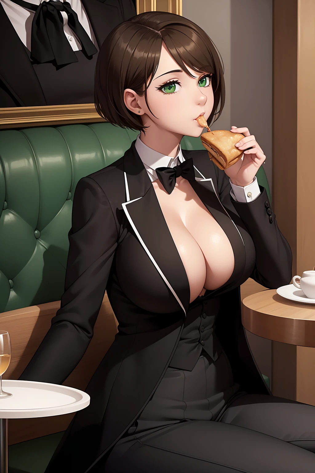 (masterpiece, best quality:1.4), illustration, 8k, hd, 1girl, solo, really_short_hair, brown_hair, butler clothes,  no underwear, black coat, green_eyes, cleavage, black trousers, butler, white butler, ((big breast, eating. sitting)), (restaurant, café)