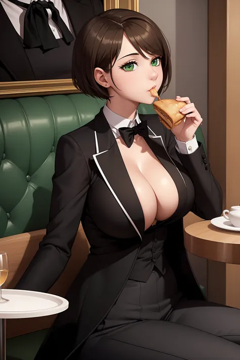 (masterpiece, best quality:1.4), illustration, 8k, hd, 1girl, solo, really_short_hair, brown_hair, butler clothes,  no underwear...