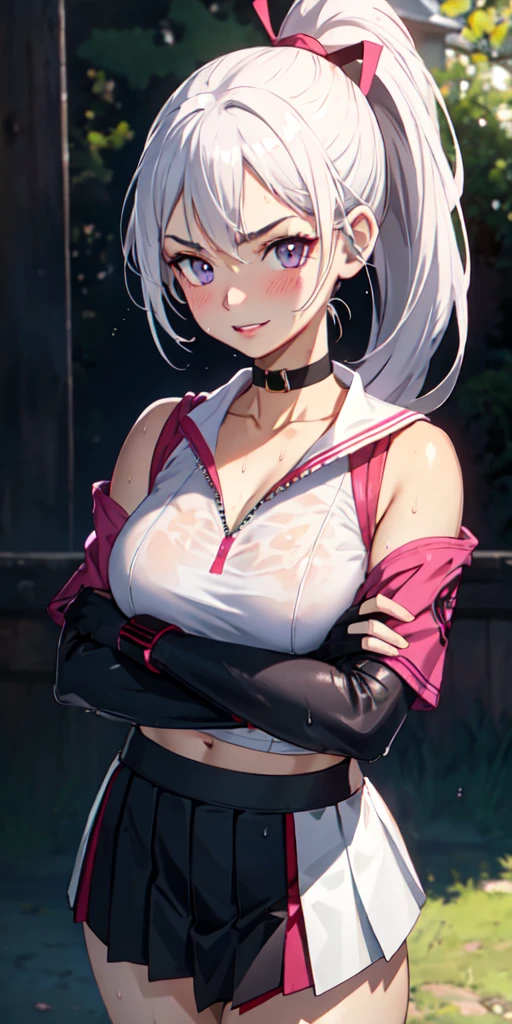 realistic, 1girl, ponytail, parted lips, blush, makeup, light smile, white hair, sportswear, skirt, wet clothes, glow, thighs, purple eye, bare shoulders, collarbone, narrow waist, sunbeam, sunlight, rose, wind, cleavage, (masterpiece), sweat, (best quality:1.2),solo,1girl,mdrin,smile,looking at viewer,crossed arms,ponytail,v-shaped eyebrows,white jacket,red shirt,fingerless gloves,black skirt,choker