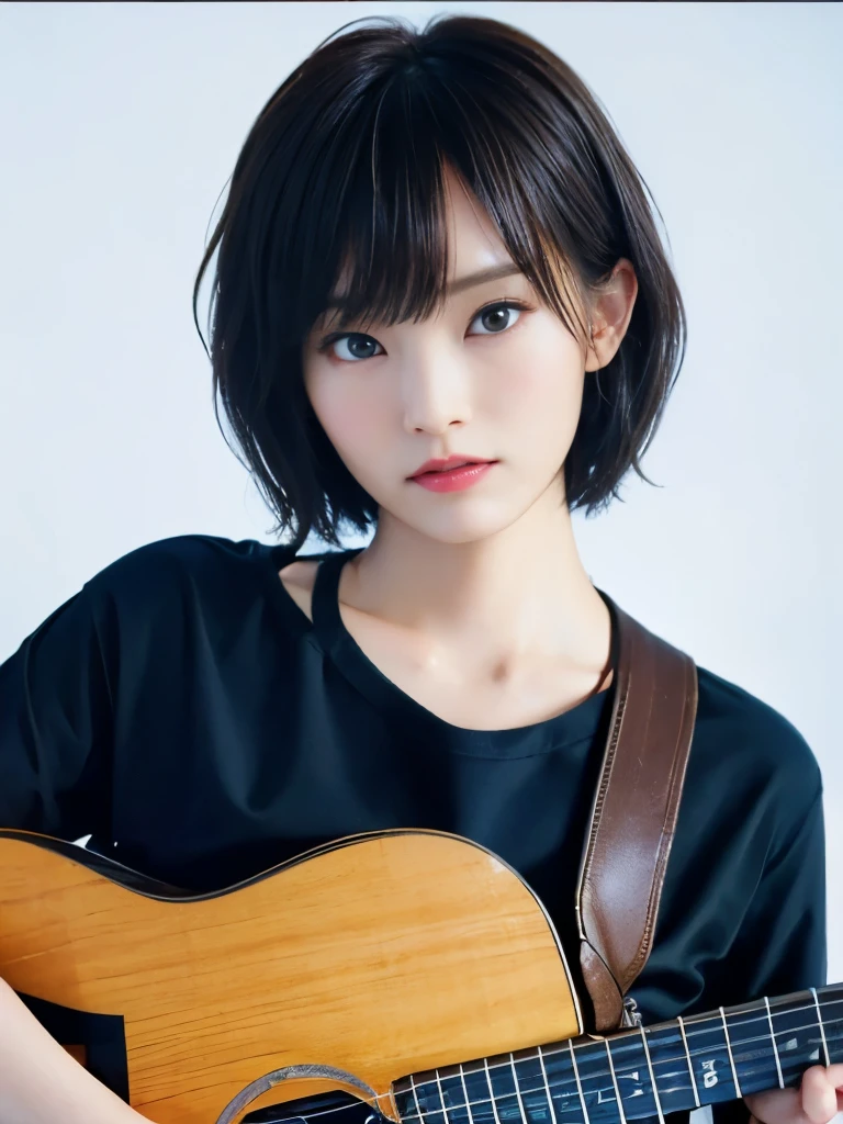 Japan adult female, , Roll-up style, , Photo Studio Background, Portraiture, snap shot, masterpiece, high quality, high quality, 8k, Best image quality, Cinematic,play the guitar、sing、Short Hair、