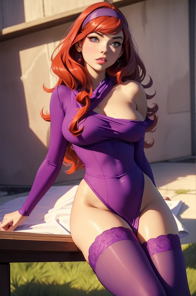 ((masterpiece, best quality, ultra-detailed, ultra-HD, photorealistic, cinematic)), (medium camera shot, from below:1.2), (sensual pose), (alluring and voluptuous female as Daphne Blake), perfect anatomy, perfect face, large breasts, proportioned hands, (shoulder-length red hair:1.3), (purple dress, pink pantyhose, and purple shoes), (wears a plastic purple headband and a green scarf), ((dynamic background)), (detailed pupils, detailed eyes, blushing, nude lips, slightly parted lips)