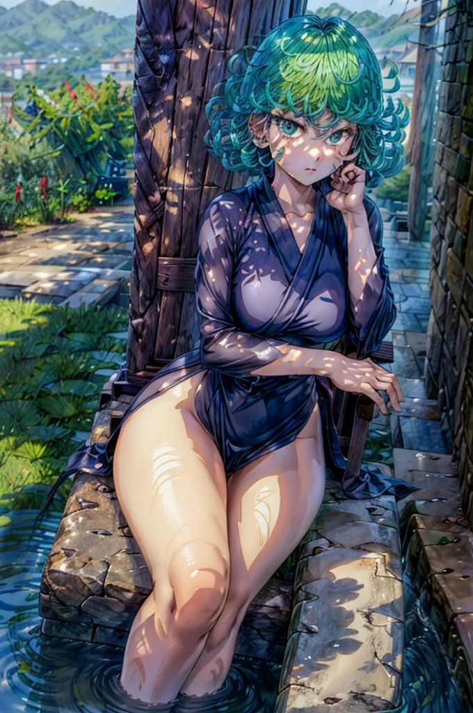 (Masterpiece, Best Quality:1.2), solo, 1girl, tatsumaki, unamused, closed mouth, looking a viewer, hand on our face, sitting, Short black kimono ,big thighs,crossing leg