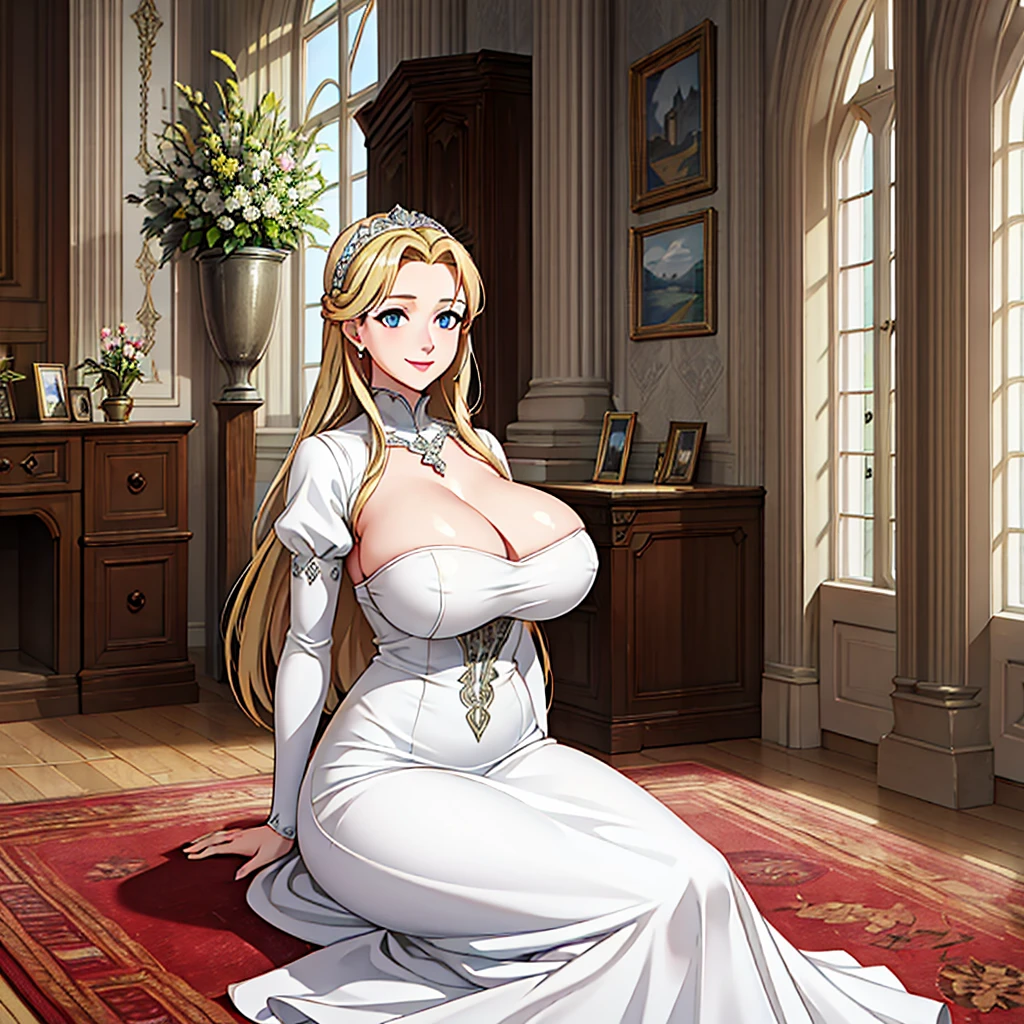 A woman wearing a white dress with silver details on the dress, blonde hair, blue eyes, in a tower of a sophisticated medieval castle, open tower overlooking a large open field and a sea in the distance, smiling, big breasts,, HDR , ultra resolution, very detailed, masterpiece, HD 8K, (solo, just one girl)
