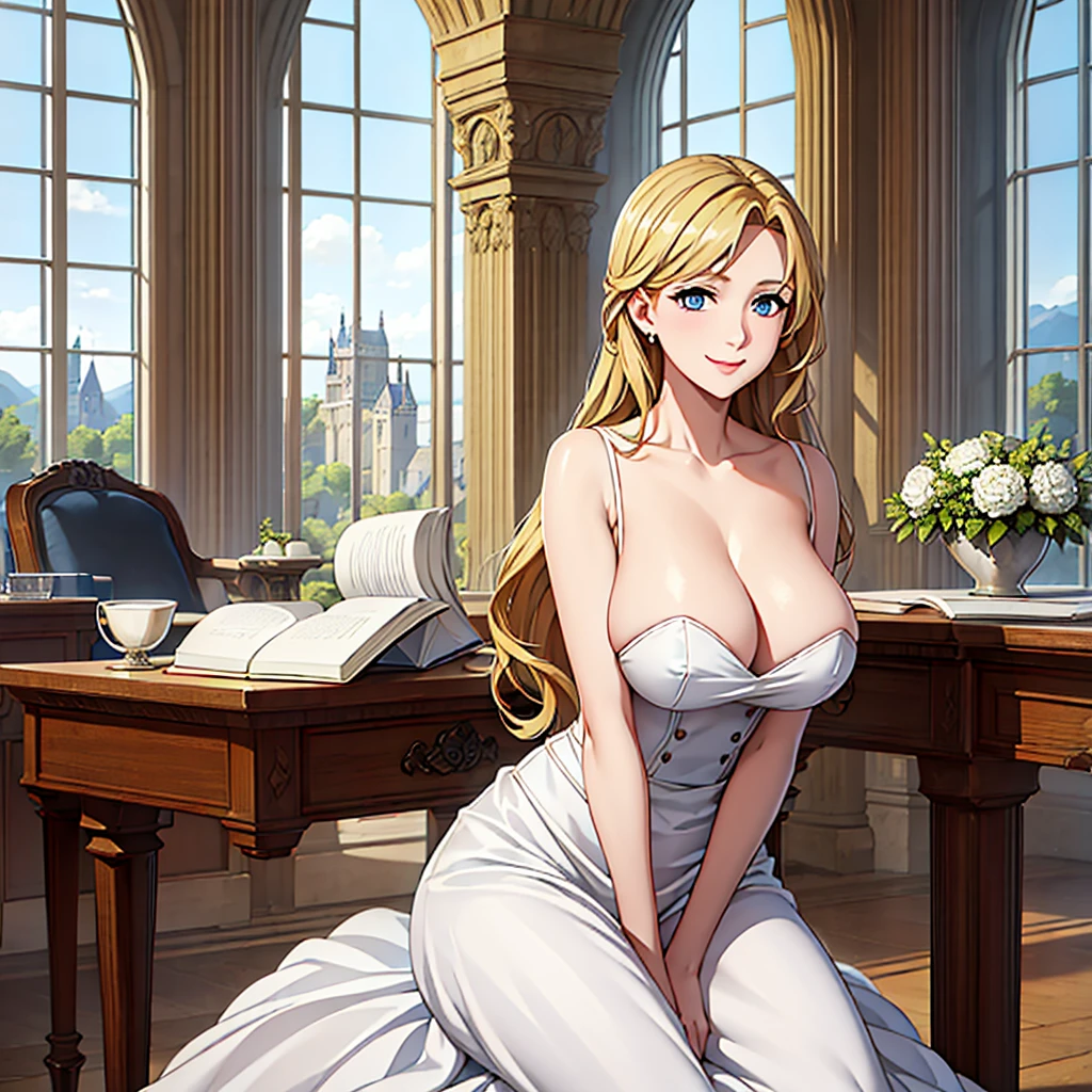 A woman wearing a white dress with silver details on the dress, blonde hair, blue eyes, in a tower of a sophisticated medieval castle, open tower overlooking a large open field and a sea in the distance, smiling, big breasts,, HDR , ultra resolution, very detailed, masterpiece, HD 8K, (solo, just one girl)
