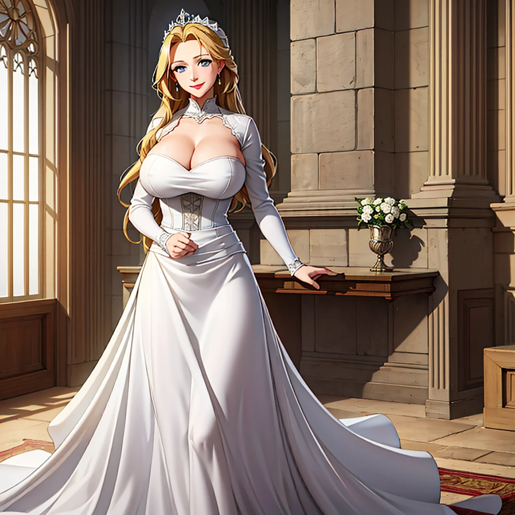 A woman wearing a white dress with silver details on the dress, blonde hair, blue eyes, in a tower of a sophisticated medieval castle, open tower overlooking a large open field and a sea in the distance, smiling, big breasts,, HDR , ultra resolution, very detailed, masterpiece, HD 8K, (solo, just one girl)
