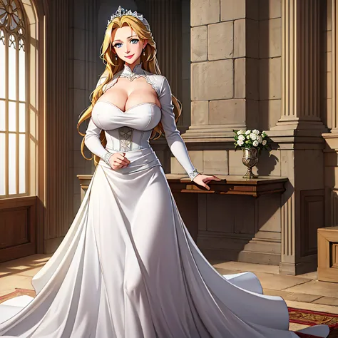 A woman wearing a white dress with silver details on the dress, blonde hair, blue eyes, in a tower of a sophisticated medieval c...