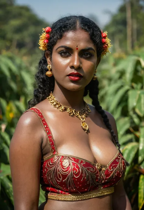 (((photo of a ancient kerala nude goddess ))), (((black kali))) , (((Half Body))), (((very dark skin))), (((45 years old))), (((...