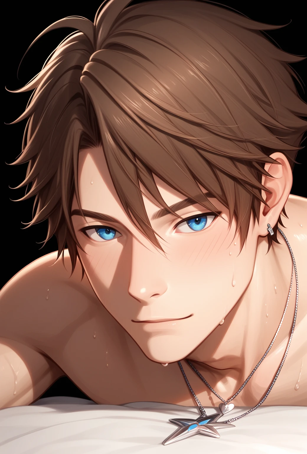 Chico de anime se folla en una cama,mejor valorados en pixiv, | anime con finos detalles, Yaoi,  expresivo,1 chico,chubasco,collar,cabello corto,Pelo castaño,blue eyes, flequillo hermoso chico delgado, mejillas sonrosadas, desnudo, hermoso rostro hermoso, cuerpo delgado perfecto, solo, semi realista, Fondo negro, cuerpo sudoroso, Fotorrealista, grano de la película, candid camera, cinemática con gradación de color, reflectores para los ojos, disparo macro, poros de la piel, imperfecciones, natural, GeneralDetalleXL, RBW-XL, zPDXL2, Ángulo único, homosexuales, homoerótico,