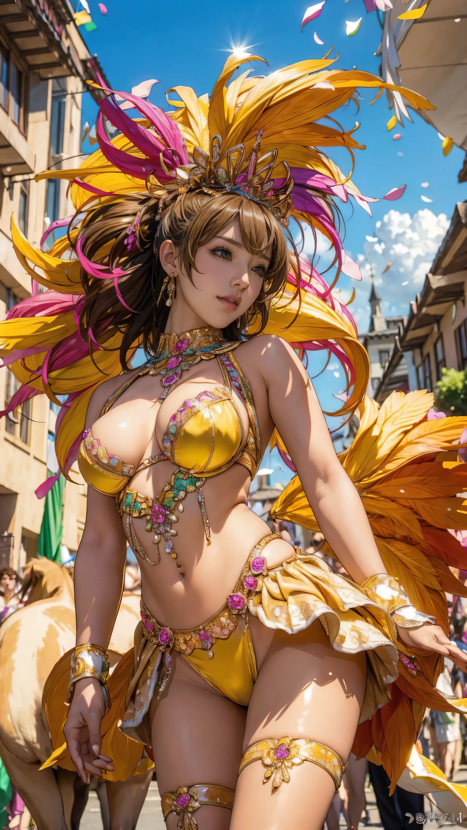 Highest quality, Official Art, masterpiece, Fabric Shading, High resolution, Very detailed, colorful, Best details, Fantasy, High leg samba micro costume:1.5, Yuki Mori:1.5, 1 female, Age 25, Brown Hair, short hair, Twin tails,Naturally flowing bangs, Puffy nipples, {{{{{Dancing vigorously in the parade:1.9}}}}}, A castle town with an old castle view, sunny, Large Breasts, skinny, Surrounded by a bunch of male photographers:1.9, Confetti falling, Blessed, welcome:1.5, Camel Toe:1.7, Ground level shot,