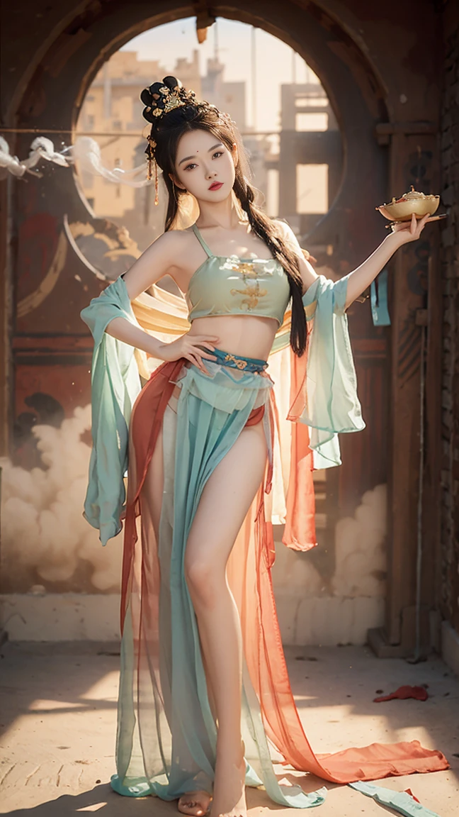 1 girl, Dunhuang flying costume, Messy long hair, Zied G, Dunhuang style, Lots of smoke, superb, Elegant colors, Red belt, Long skirt, High forks, Show your thighs, Practical, High Detail, masterpiece, Extremely detaileded, Dynamic Angle, Mural Background, ink, amazing, Light, illustration, Chiaroscuro, backLight, divine Light, best quality, best quality, Anatomically correct, Surrealism, shadow, comfort, Stereoscopic View, vertical, leave, Atmospheric perspective, 8K, Extremely detailed, precise, best quality, Anatomically correct, High Details, best quality, high quality, high resolution