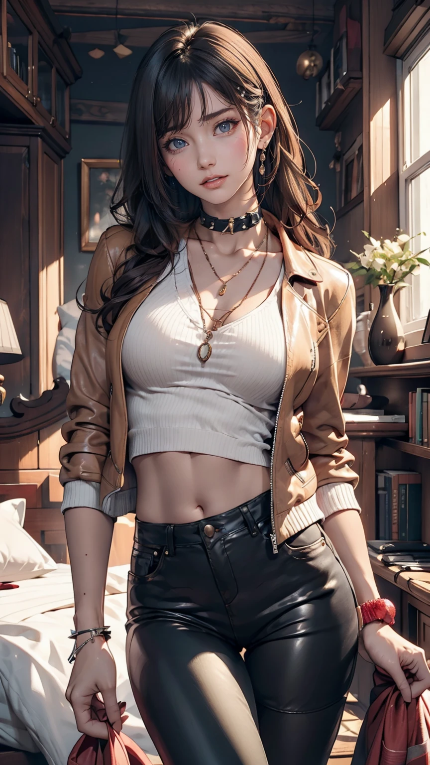 mouth, One girl, alone, In a messy room, guitar, 、Girl wearing a spiked collar、24 year old Caucasian female、Sexy proportions、Punk rock fashion、Black Shirt、Leather jacket、Leather leggings、Flashy makeup、long hair、rosary necklace、rosary earrings、Put a spiked bracelet on your wrist