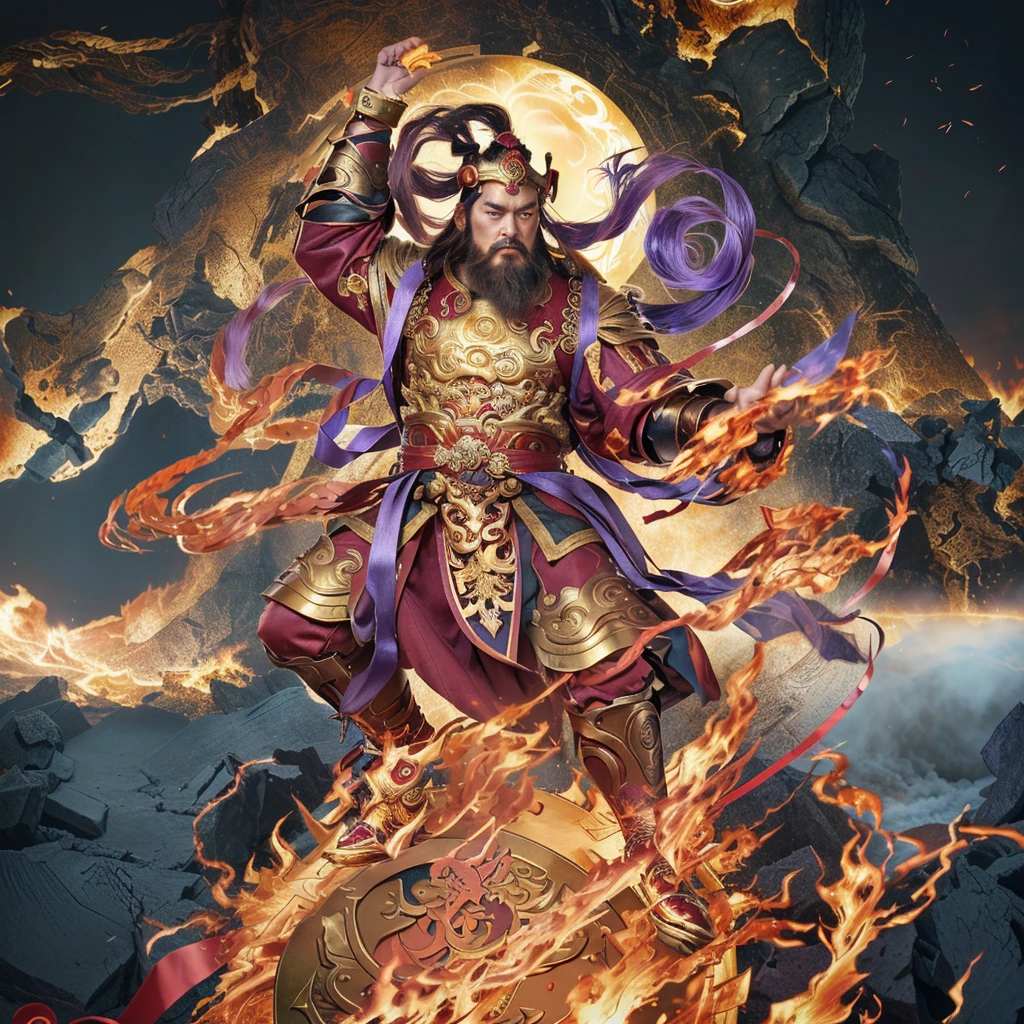 a fierce chinese man with a golden iron whip and a fire, asura from chinese myth, maroon beard and hair, purple deity ribbon, standing on huge golden wheel, 