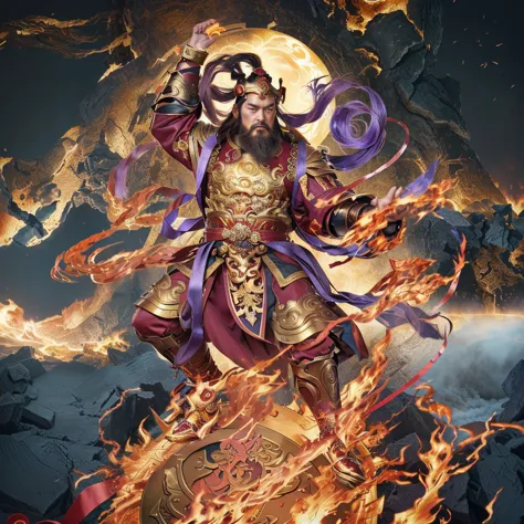 a fierce chinese man with a golden iron whip and a fire, asura from chinese myth, maroon beard and hair, purple deity ribbon, st...