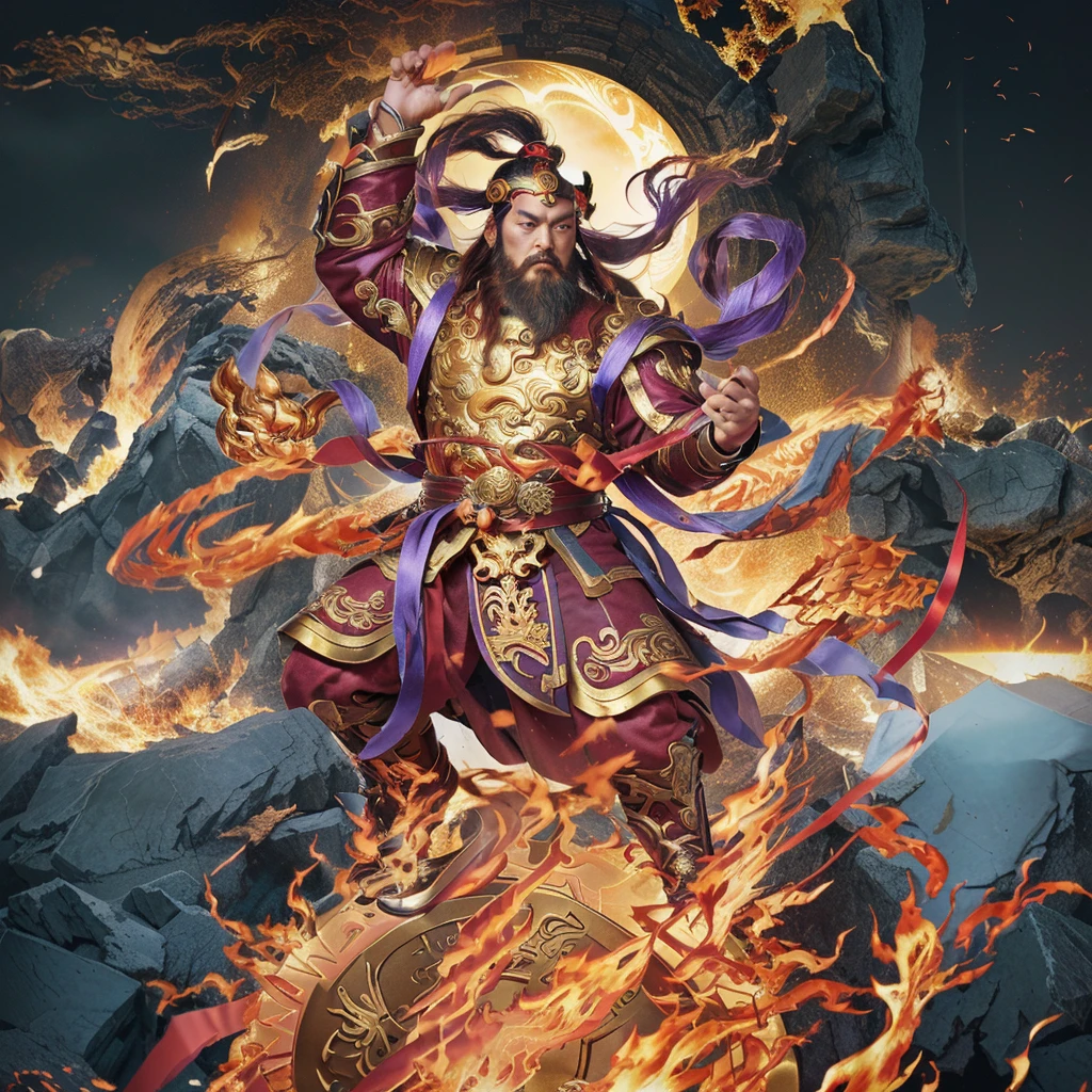 a fierce chinese man with a golden iron whip and a fire, asura from chinese myth, maroon beard and hair, purple deity ribbon, standing on huge golden wheel, 