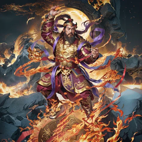 a fierce chinese man with a golden iron whip and a fire, asura from chinese myth, maroon beard and hair, purple deity ribbon, st...