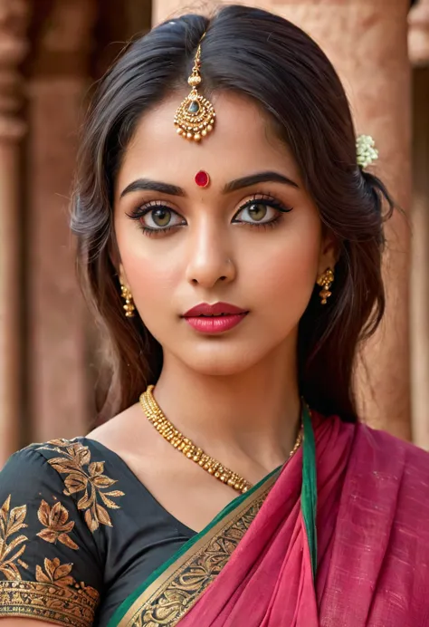 "(best quality,highres), Indian woman at temple, wearing sari, beautiful detailed eyes and lips, long eyelashes, realistic rende...