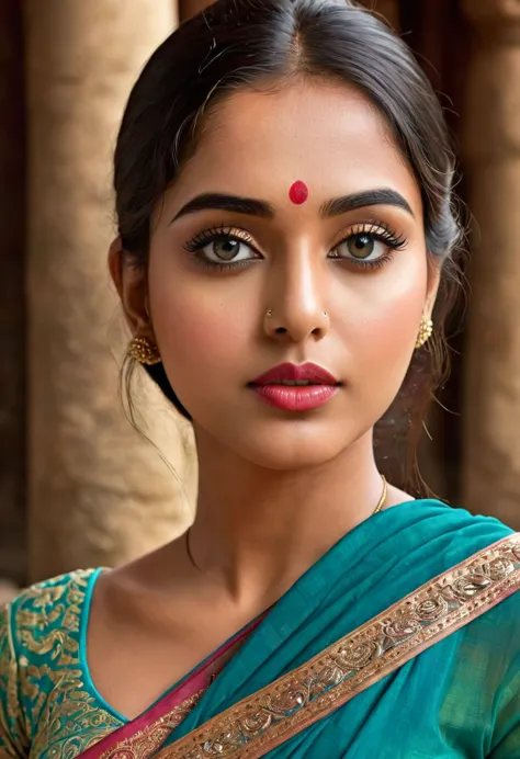 "(best quality,highres), Indian woman at temple, wearing sari, beautiful detailed eyes and lips, long eyelashes, realistic rende...