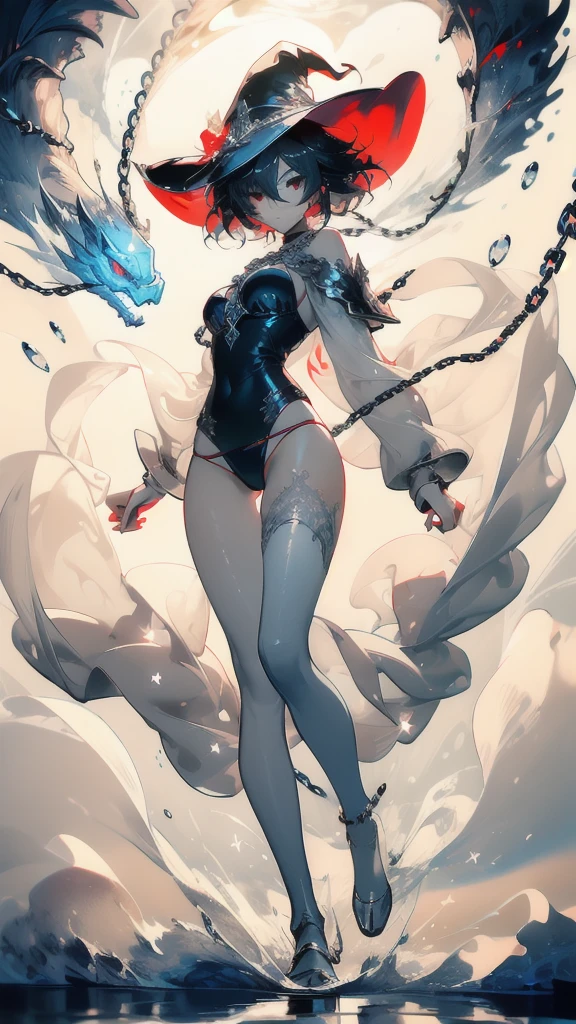 ((masterpiece, best quality)), Delicate face，Magician，Witch Hat，Standing picture，whole body，Perfect body proportions，Long legs，Handsome short hair，Nice red eyes，Fantasy style，White background，Extremely beautiful，transparent，Pure white armor，Sexy bikini，cloud，Water Ripples，chain，Tattoo，Lace，exposed