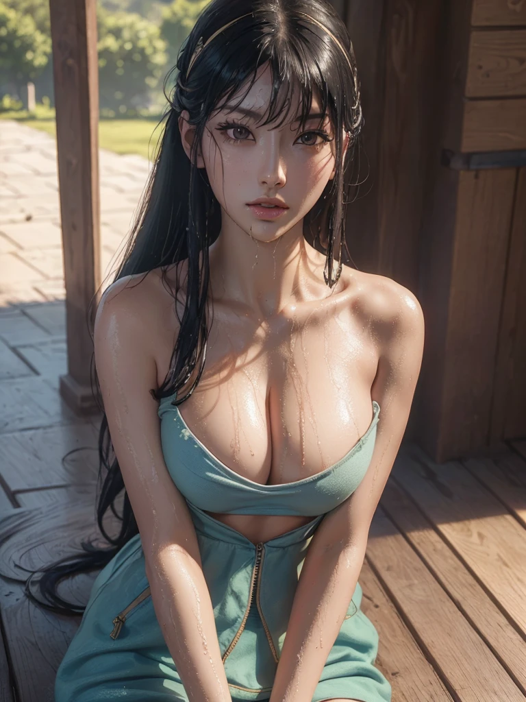 (yor), (Best quality, 8k, Masterpiece :1.3), (realistic, photorealistic: 1.37), (1girl), (slim), (Japanese), (random pose), (wet body), (long hair, random hairstyle), (outdoors), (Ultra-detailed face), (Detailed eyes), (Double eyelids), (eyeshadow intensifying), (many eyelashes), (professional lighting), (photon mapping), (radiosity), (looking directly at viewer), (full bodyesbian), (legs are open), (With a cropped T-shirt), (Slim figure), (Slim girl model), (25 years old female model), (gigantic cleavage breasts) (No bra, No top, Bare chest), 