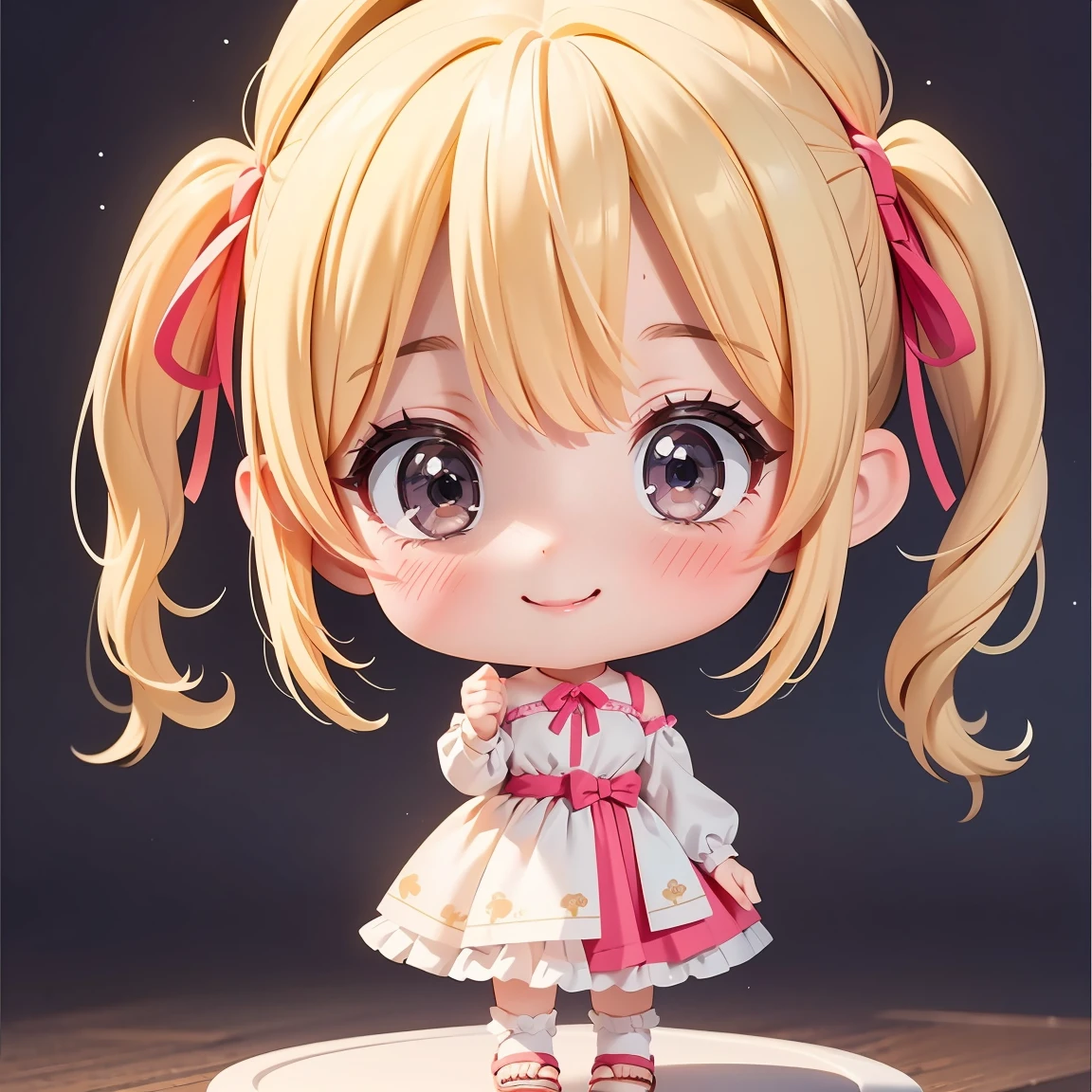  Super Chibi Character：1.8、wearing cute sandals、background：Simple all over、Blonde Hair、Cute 7 year old girl、Random cute outfits、Short legs、Sandals with ribbon、Cute pose、Super Happy Smile：1.8