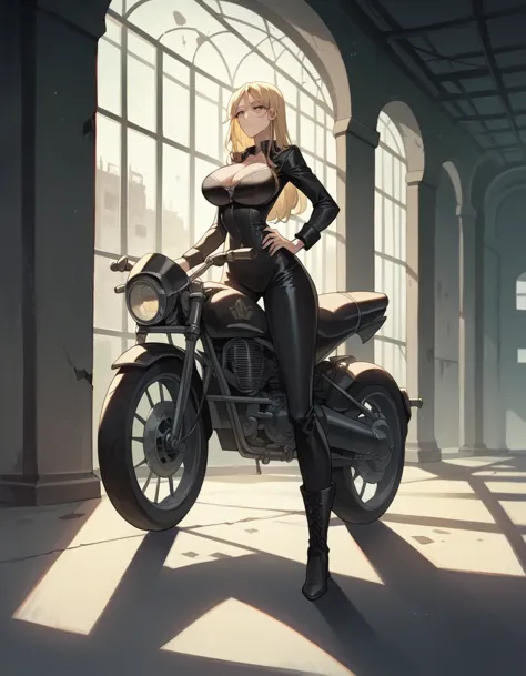 masterpiece, best quality, masterpiece, best quality, 1 woman, long blonde hair , black leather motorcycle suit , big breasts , ...